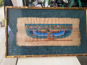 Framed Egyptian Papyrus Art – Hand-Painted Winged Goddess Isis / Bamboo Frame