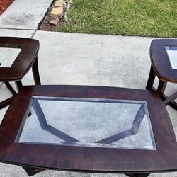 3 Piece Center And Side Table Set Solid Wood And Glass Inserts 