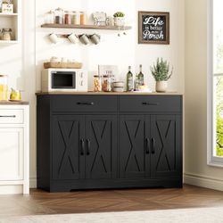 Buffet Cabinet with Storage, 47.2" Kitchen Sideboard Buffet with Drawers, Modern Farmhouse Coffee Bar Station with Shelves, Barn Doors Stor