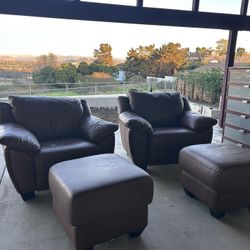 Brown Leather Club Chairs W/ Ottomans