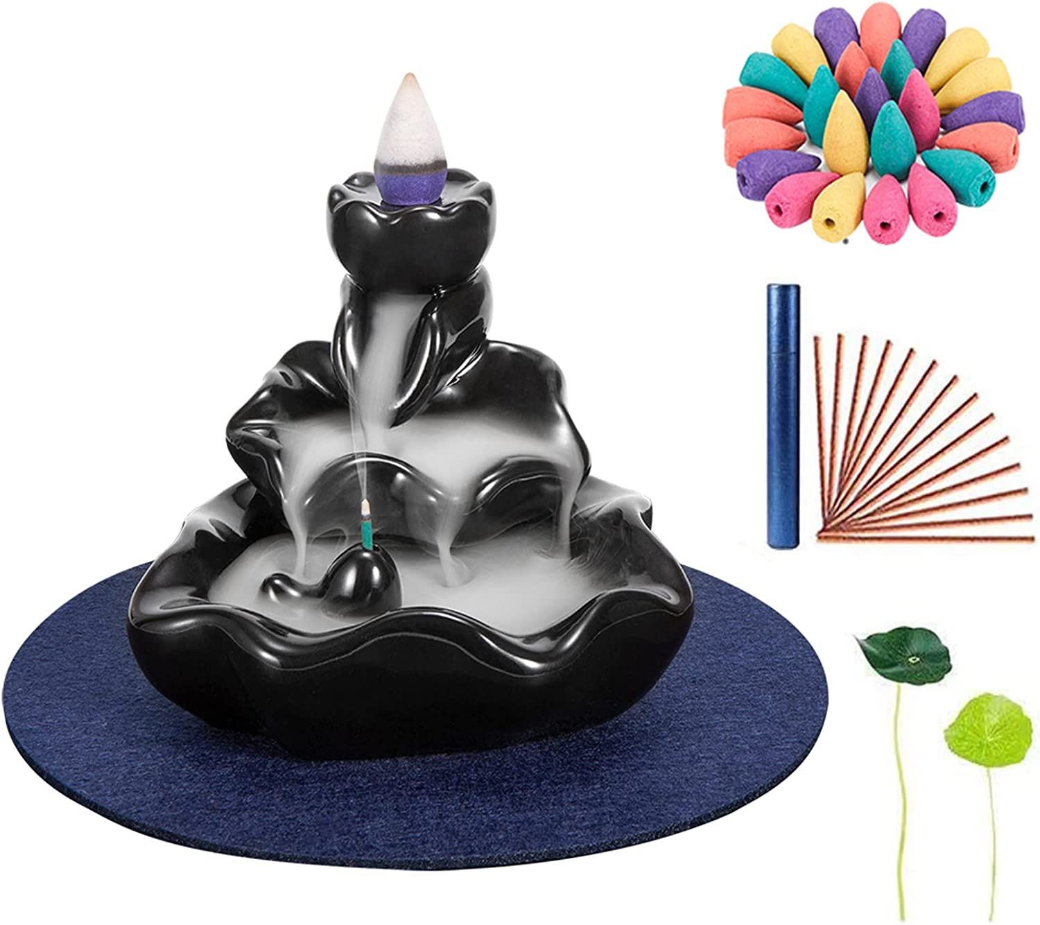 Incense Waterfall Burner,Ceramic Backflow Incense Burner Holder with 30 Backflow Incense Cones + 20 Incense Sticks,Aromatherapy Ornament Home Decor,Ha