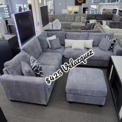 ✅️✅️ 4pc  for grey corduroy fabric upholstered sectional sofa with ottoman ✅️✅️