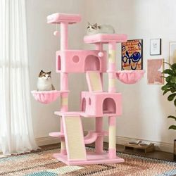 65.7" Large Cat Tree Tower Condo for Cats with 2 Scratching Ramps, Hammock & Scratching Posts, Pink
