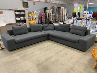 CB2 Cool Grey Wide Arm Corner Sectional Sofa With Duck Feather Cushions