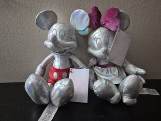 Disney Iridescent Silver Mickey & Minnie Plush Duo with Red and Pink Accents