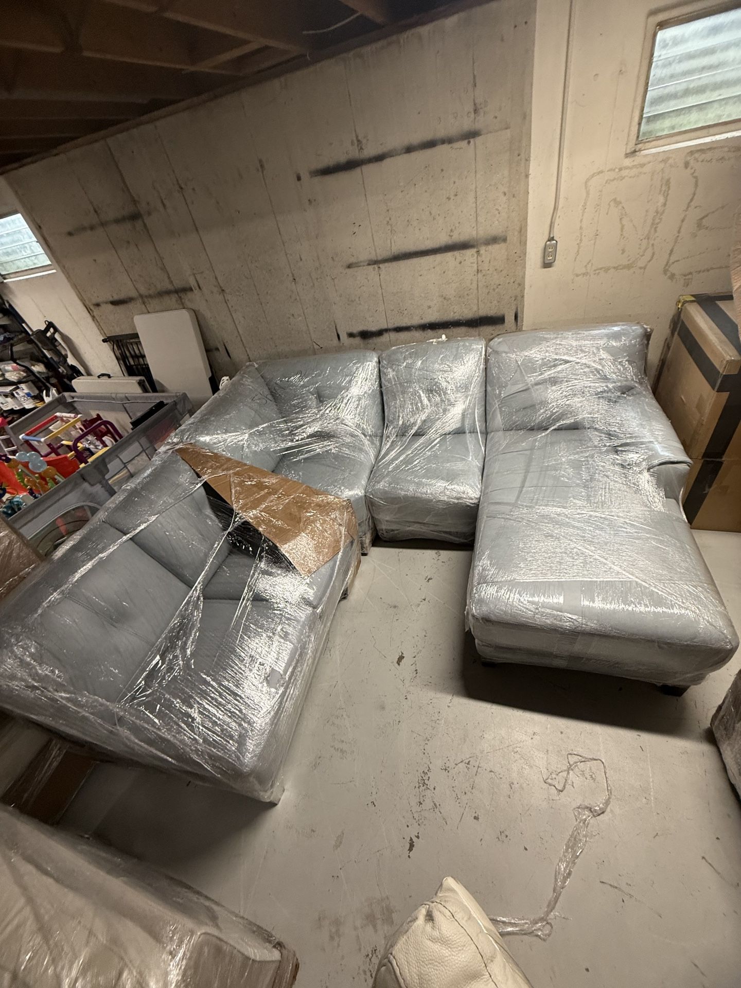 Macy’s Sky Blue Leather Modular Sectional – 4-Piece Set (Chaise, Corner, Loveseat, Armless Chair)