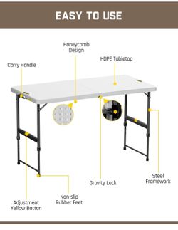 Zeta X4 Pro, 4ft Portable Folding Table, One-Handed Height Adjustment, 4 Heights, Gravity Lock, Carry Handle, Indoor Outdoor Heavy Duty Fold-in-Half U