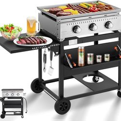 K94-3 Burner 30000 BTU Outdoor Gas Griddle with Lid (Side Shelf), Portable Flat Top Griddle 28 Inch Heavy- Duty Cast lron Grill, Bottle Rack & Grease 