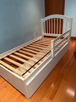 White Twin Bed Frame with 2 Rolling Storage Drawers – Like New!