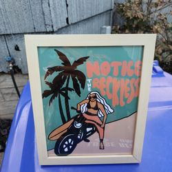Framed Artwork Chick On Motorcycle 11 1/2 X 9