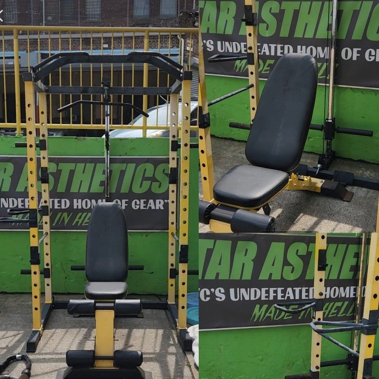 HULKFIT POWER SQUAT RACK CAGE LAT ATT & FID BENCH HOME GYM