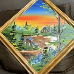 Unique Art Hand Painted Florest Cabin  Deer On Glass Gorgeous 