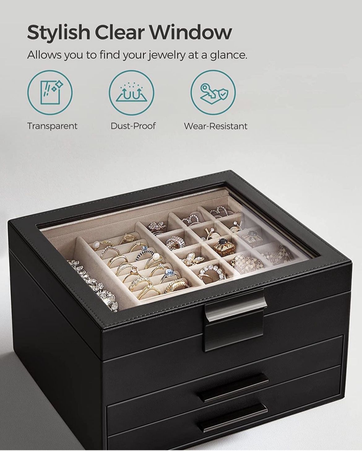 Jewelry Box with Glass Lid, 3-Layer Jewelry Organizer, 2 Drawers, Jewelry Storage