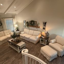 4-Piece Slipcovered Down Sofa Set – Sofa Bed + Loveseat + Chair + Ottoman – Excellent Condition