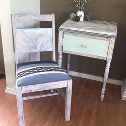 Hand painted Side Table with matching reupholstered chair