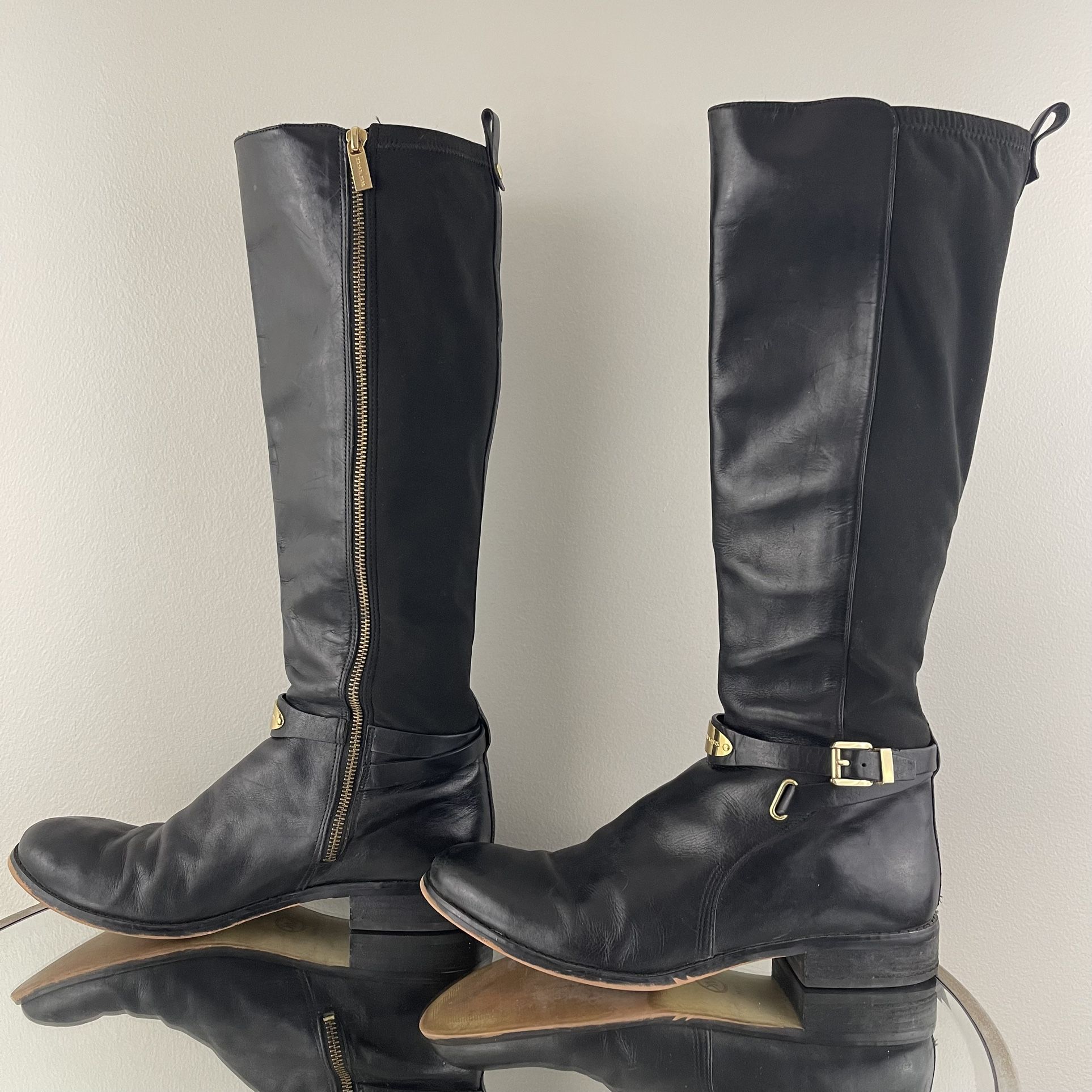 MICHAEL KORS Black Leather Gold Hardware Buckle Arley Knee High Riding Boots