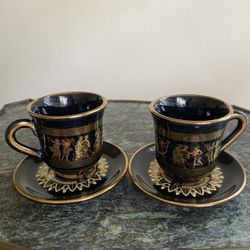 2 Sets Of Vintage Handmade Black And 24K Gold Greek Themed Tea And Saucier