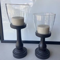 Two Wooden Candles Holders W/candles