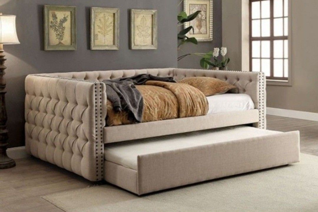 Brand New Plush Beige Full Size Daybed w Twin Trundle Bed