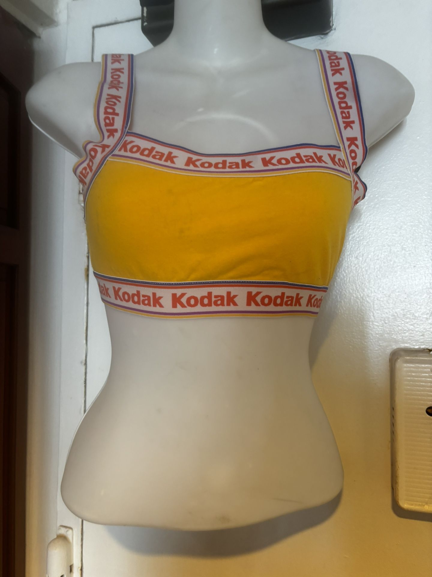 Kodak Yellow & White Sports Bra Tank half blouse halter top logo shirt try y2k