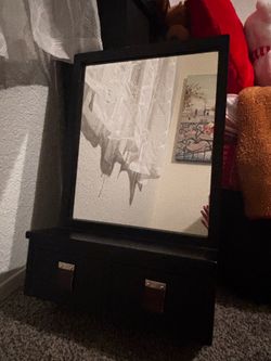Clean Black Wall Mirror with 2 Drawers & Shelf