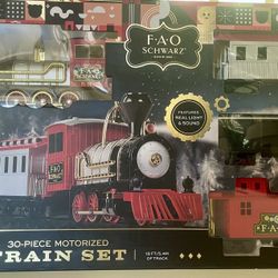 F•A•O Schwarz 30-Piece Motorized Train Set 18 Ft Track, 4 Unique Train Cars, Realistic Sound, Light Up Led Lamp Battery Operated