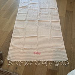 Large Pink And White Striped “Wifey” Embroidered Beach Towel With Fringe 