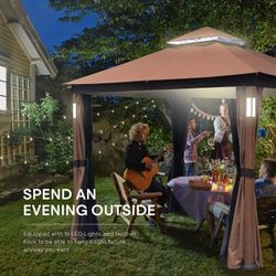 Cloud Mountain 10x12 Gazebo Canopy Soft Top Outdoor Gazebo Tent 2-Tier Curtain Double Roof Vented Gazebo with Mesh, LED Lights, and Bluetooth Speakers