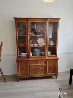 USED WOODEN Mid-Century BASSET CHINA CABINET in Walnut Finish Measures 51"W x 17"L x "H NICE