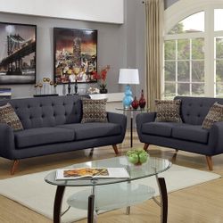 Brand New Charcoal Or Teal Fabric Midcentury Modern Sofa + Loveseat 2PCs Set