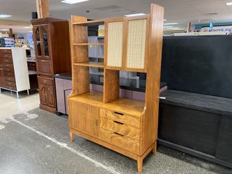 MCM Style Light Brown Hutch w/ Grass Woven Door