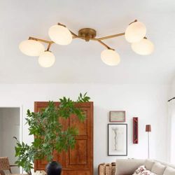 Ceder 6-Light 42.5 in. W Brushed Gold Semi-Flush Mount Branch Sputnik Ceiling Light with Oval Opal Glass for Kitchen