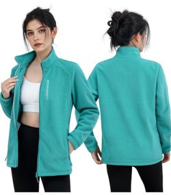 Large size peacock green Women's Casual Fleece Jacket Full Zip Warm Thermal Lined Outerwear Coat