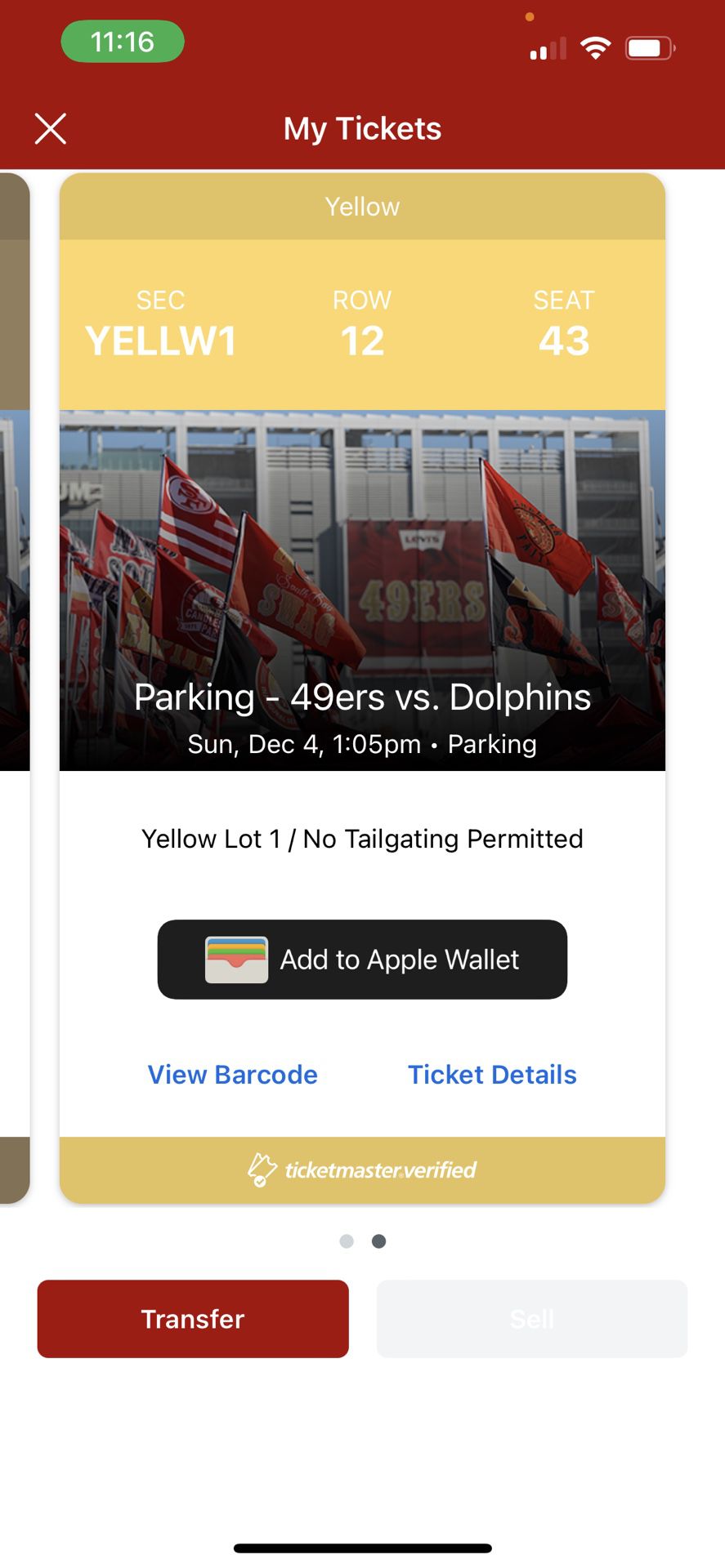 49ers Vs Miami Dolphins Yellow Lot Parking Pass 