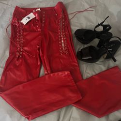Red  Club Wear Party Pants L  Lace Up Sides Sexy