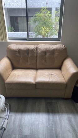 Beige Leather Loveseat Sofa