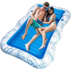 Inflatable Tanning Pool Lounger Float Sun Tanning Water Filled Floatie Toys with Drink Holder 85"x63"