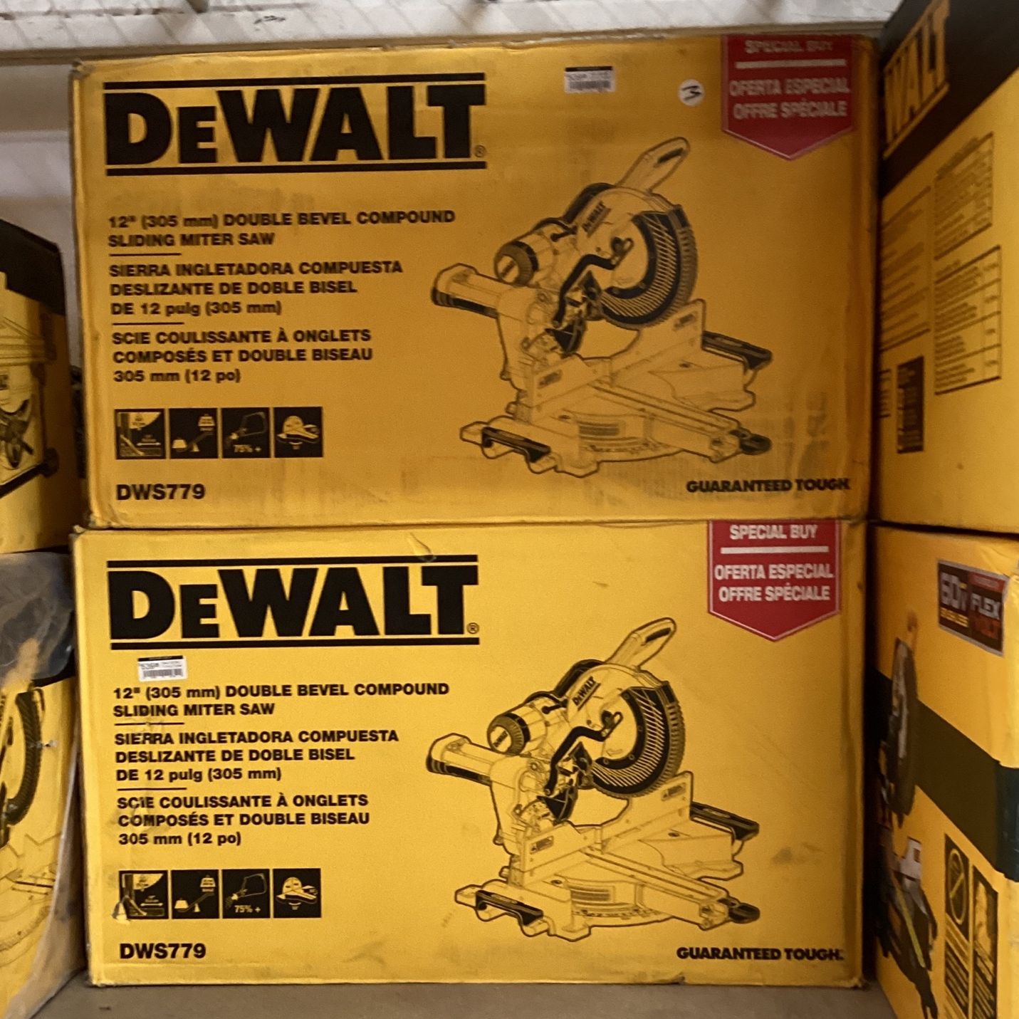 (New) DEWALT 15 Amp Corded 12 in. Double Bevel Sliding Compound Miter Saw, Blade Wrench & Material Clamp