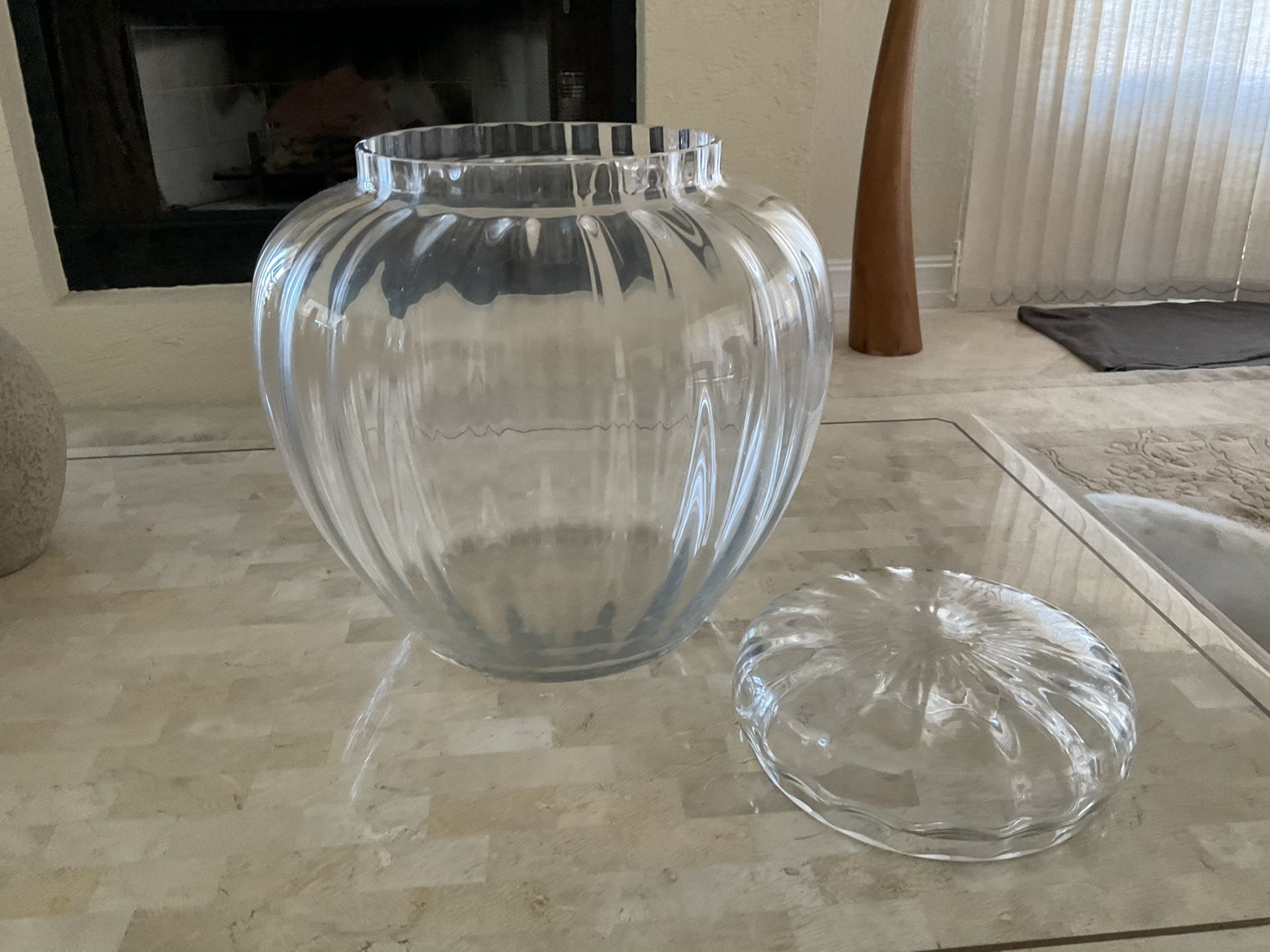 LARGE GLASS APOTHECARY JAR WITH COVER (12” DIAMETER X 13” HIGH) $25