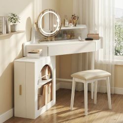 Linnea Wood Corner Makeup Vanity Set with LED Mirror and Upholstered Stool