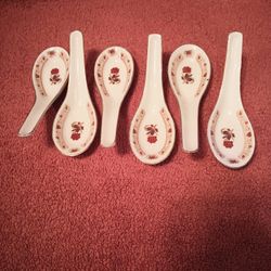 Vintage ceramic Chinese soup spoons set of 6 red flower Cathay wonton ramen
