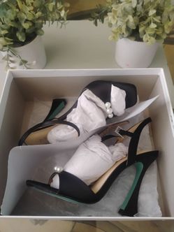 Black Satin Heeled Sandals with Pearl Detail