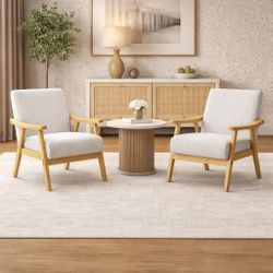 New Set Of 2 Modern Accent Chair, Upholstered Mid Century Lounge Chair with Curved Solid Wood Armrests, Single Sofa Reading Chair Suitable for Living 