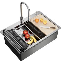 33X22 Drop In Kitchen Sink, 304 Stainless Steel Workstation Sink, Pop-Up Drain, Upgraded Fast Drain & Anti-Clog, Topmount Single Bowl with Accessories