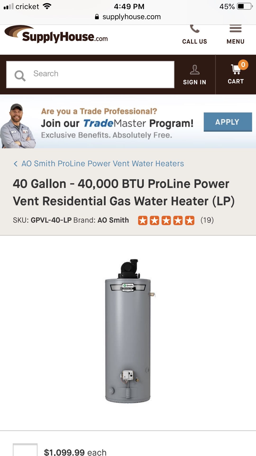 Water heater 40 gallon
