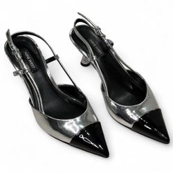 Nine West Pointed Toe Metallic Chrome Adjustable Strapped Fabele3 Kitten Heel Slingback Pumps Silver Black