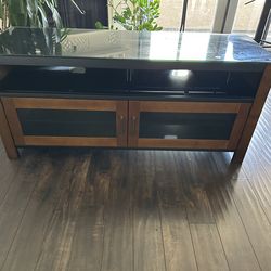 Modern TV Stand w/ Glass Doors – Wood + Black Finish