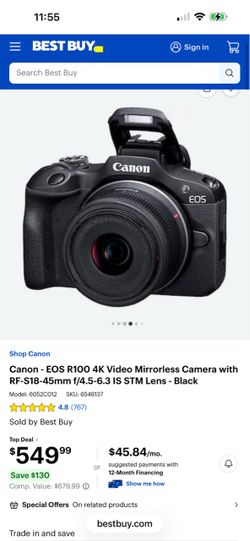 Canon EOS R100 Mirrorless Camera with 18-45mm Lens