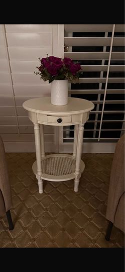 Round White Wood Side Table with Cane Shelf
