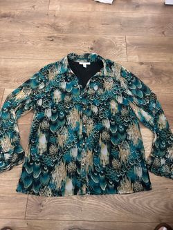 JM Collection Womens Shirt Button Up Peacock Snake Print Blue Teal Poet Jewel 10
